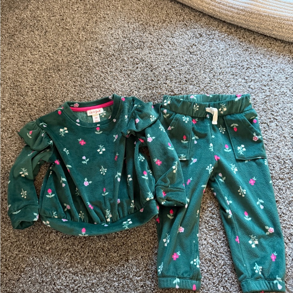 Cat & Jack Green Floral Girls Matching Set - Pink & White Accents